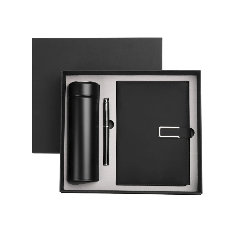 Manufacture high end A5 leather notebook with vacuum cup and pen for business gift set