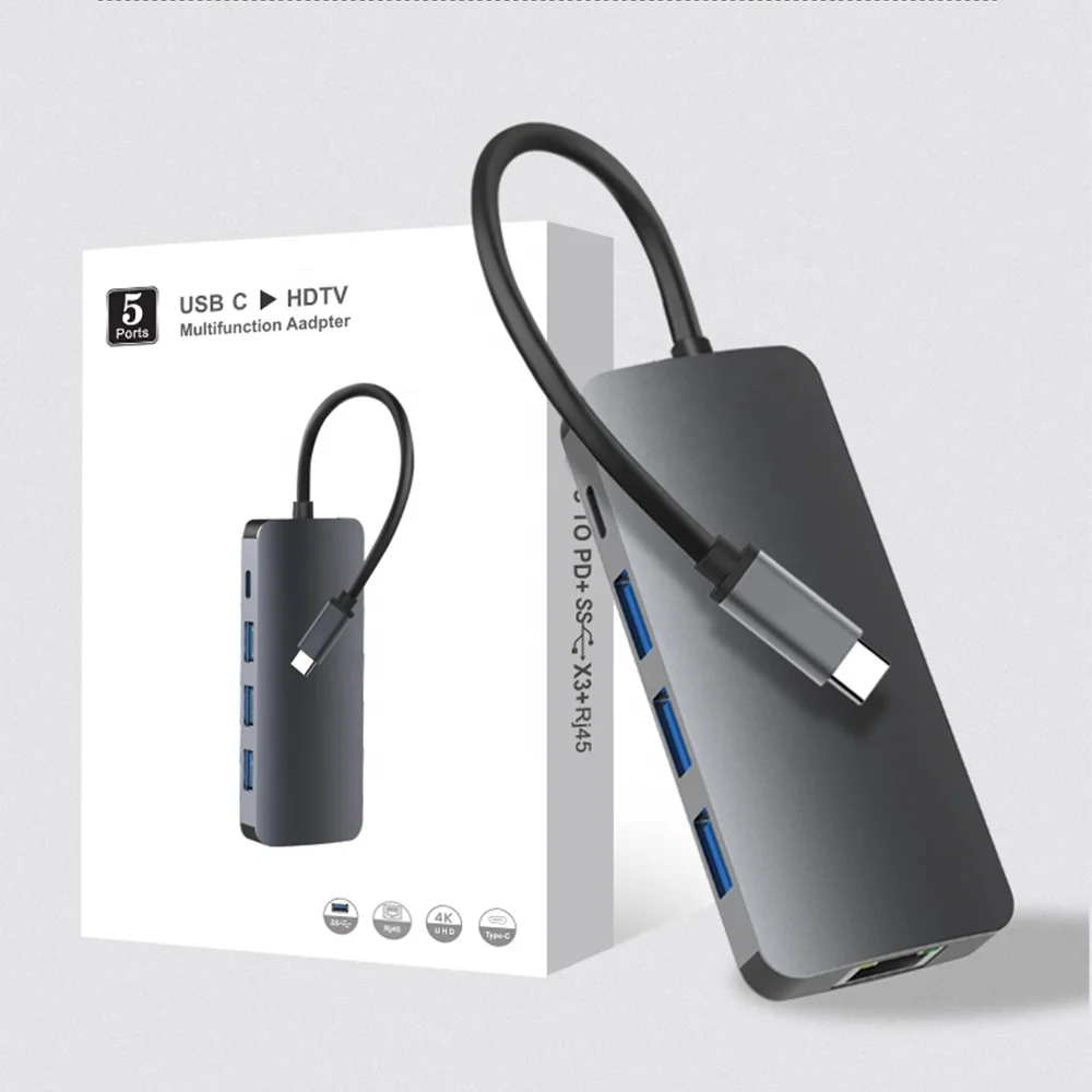 Portable 5 Ports Usb Hub Usb3.0 Rj45 Ethernet Adapter 5 in 1 For Pc Computer Notebook