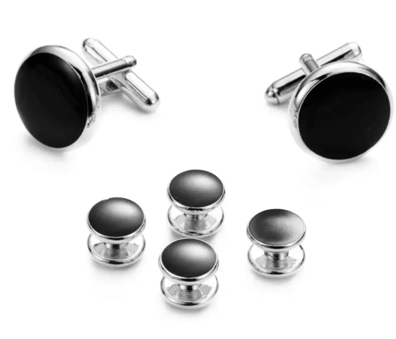 High Quality 6pcs Set DIY Men Cufflinks and Studs Set Round and Black Cufflinks and 4 Studs for Tuxedo Shirt, Business, Wedding