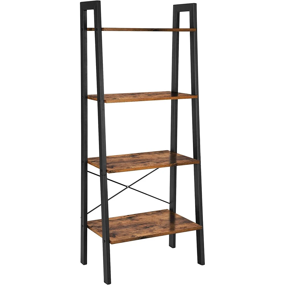 Wood Black 4-Tier Bookshelf Storage Rack Bookcase Ladder Shelf with Steel Frame