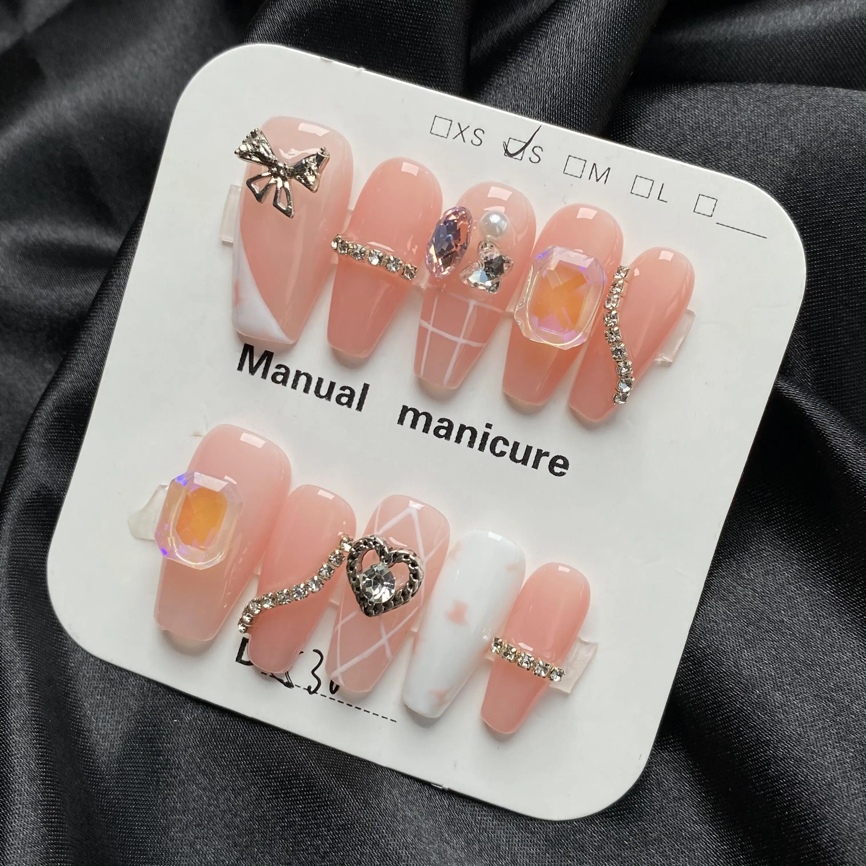 Wholesale High Quality Pink Nude Rhinestone Acrylic Fake Nails ABS Material Stylish Finger Application Press on Nails