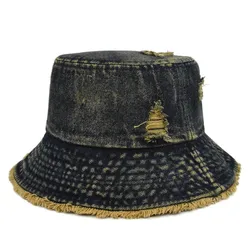 Custom Logo Frayed Brim Washed Cotton Fishing Cap Breathable Summer Sun Hats Women Vintage Denim Bucket Hat
