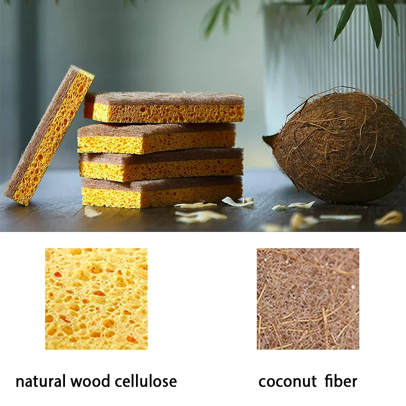 Biodegradable Natural Kitchen Sponge  Compostable Cellulose and Coconut Walnut Scrubber Sponge Eco Friendly Sponges for Dishes