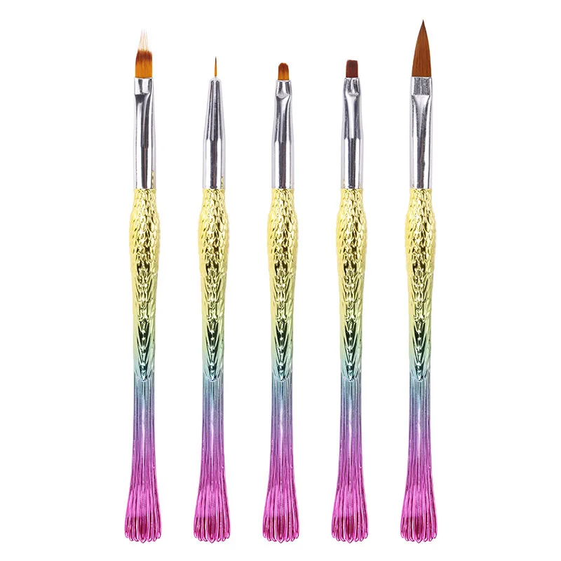 5pcs/set Gradient Rainbow Mermaid Painting Carving Line Pen Gold Fish Rod Nylon Nail Brush Nail Beauty Tool