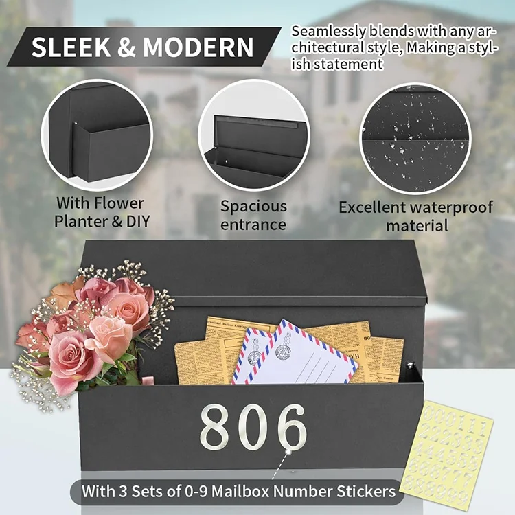 Wall Mount Mailbox Outside with 3 Sets of 0-9 Number Stickers Flower Planter Galvanized Steel Rust-Proof Metal Post Drop Box