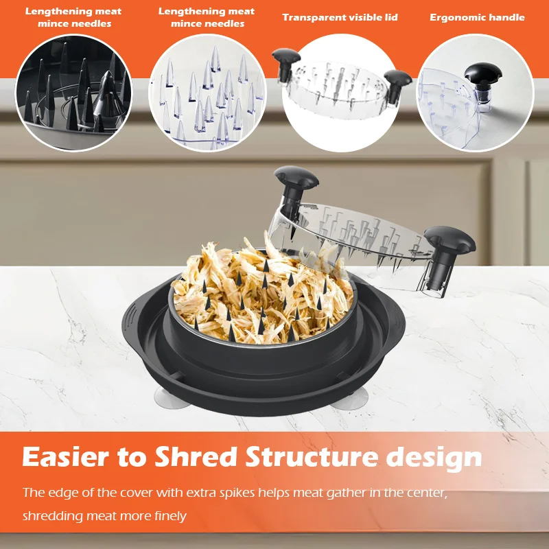 12in BPA Free Kitchen Twist Chicken Mincing Manual Meat Chicken Breast Shredder with Suction Mat Transparent Tray and Lid