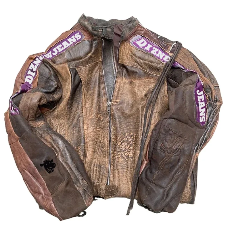 DiZNEW custom high quality vintage do old pu leather jacket with cloth print design hand worn loose leather jacket