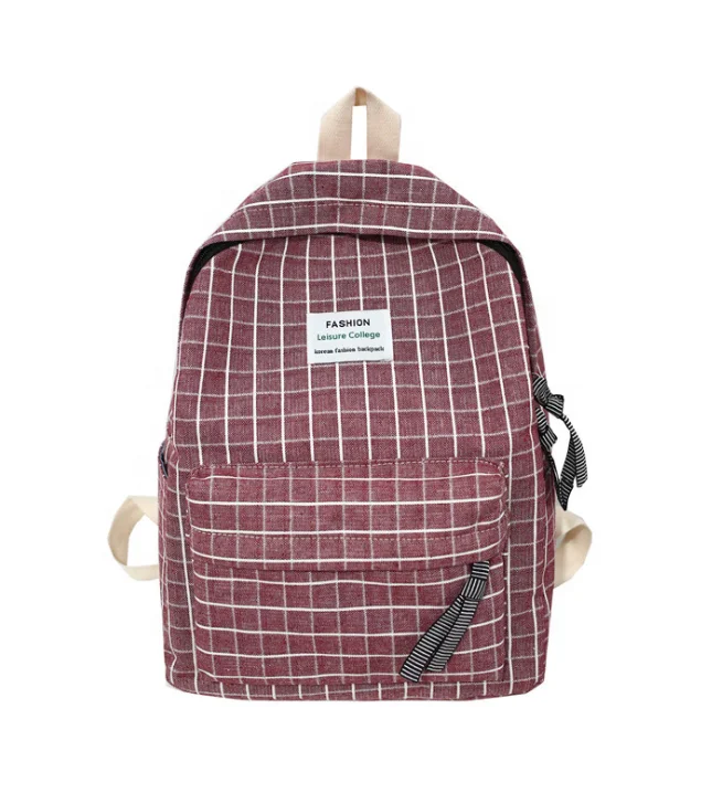 Korea Style Stock Or custom Logo Plaid Cotton Canvas Laptop Girls Backpack