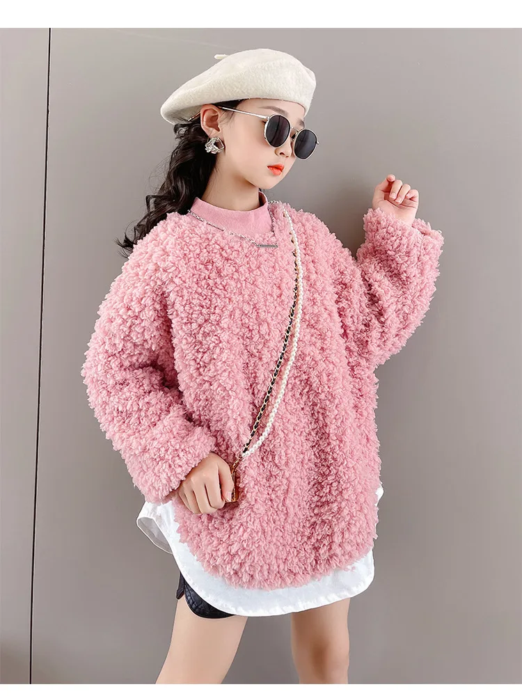 2024 Children Clothes Autumn Spring Long Sleeve Lambswool Solid Color Casual Teenagers Girls Hoodies