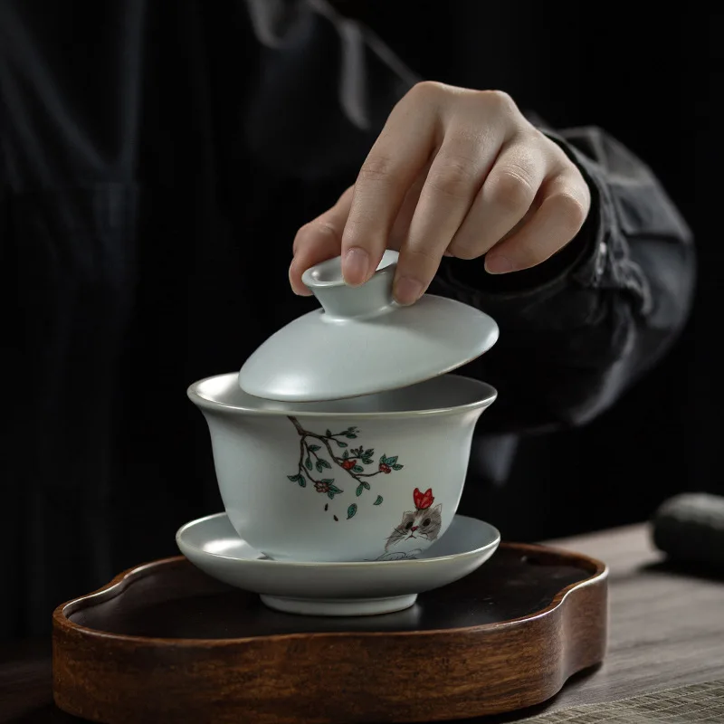 190ml 6.5oz Handmade ceramic cup with lid and Plate Chinese style cat Chawan White porcelain tea cup and saucers