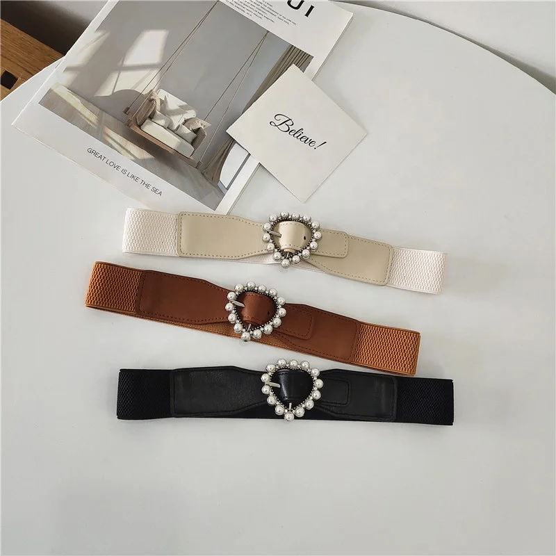Heart Shape Pearls Buckle Belts for Women Fashion Elastic Ladies Corset Waistband for Dress
