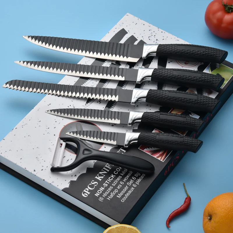 In Stock Wholesale 6 Pieces Kitchen Knife Set Banding Non-stick Coating Knife Set Plastic Handle Knives With Gift Box