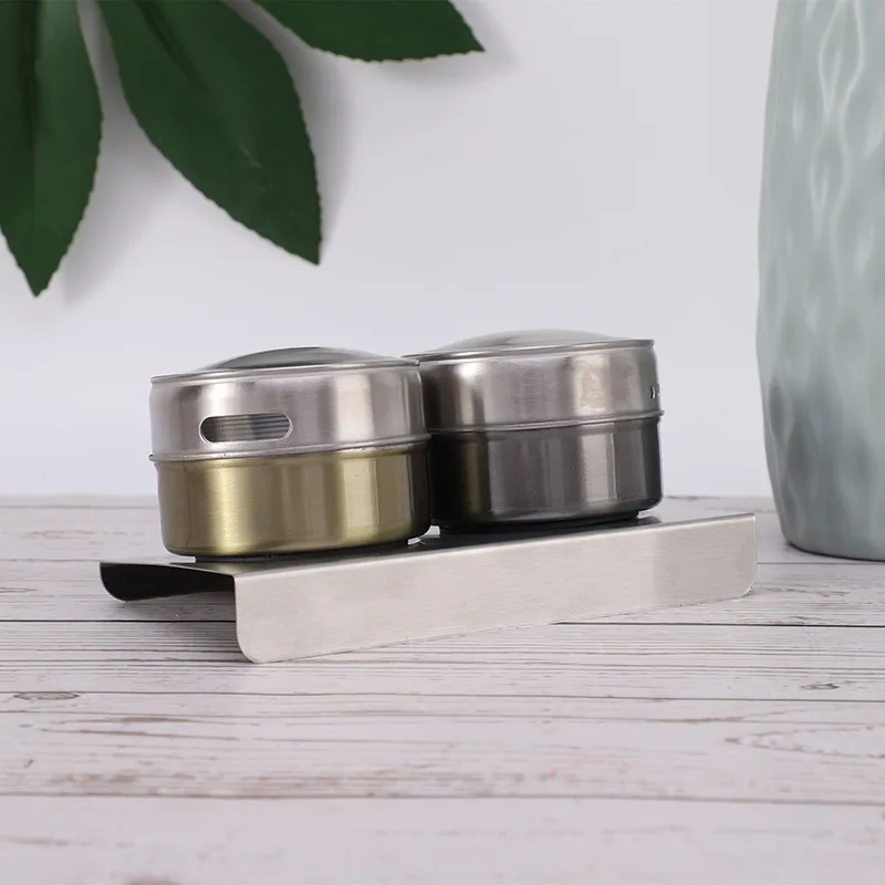 2pcs Kitchen Tool Metal Round Stainless Steel Magnetic Refrigerator Spice Seasoning Container Jar Tins Set Rack With Magnet Jars