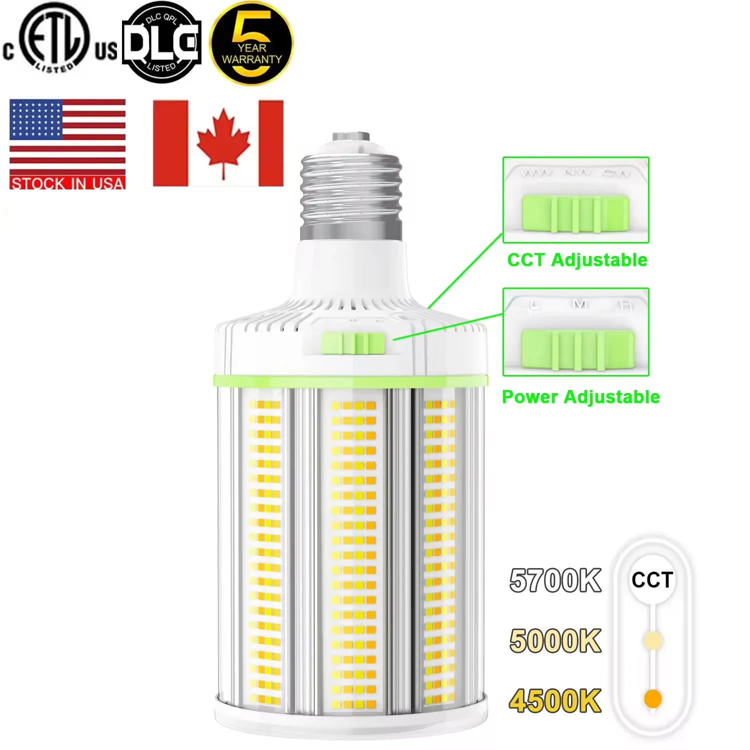 Led Corn Lamp Ul Cul Listed 2835smd CCT Power Adjustable 60W 80W 100W 120W 150W Led Corn Light Bulb E39