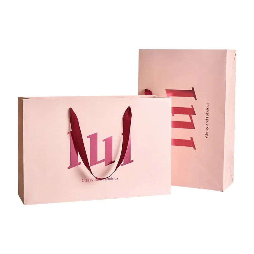 Women Fashion Accessories Packing Pink Gift Bags Custom Logo Paper Shopping Carrier Bag With Drawstring Black Ribbon Handle