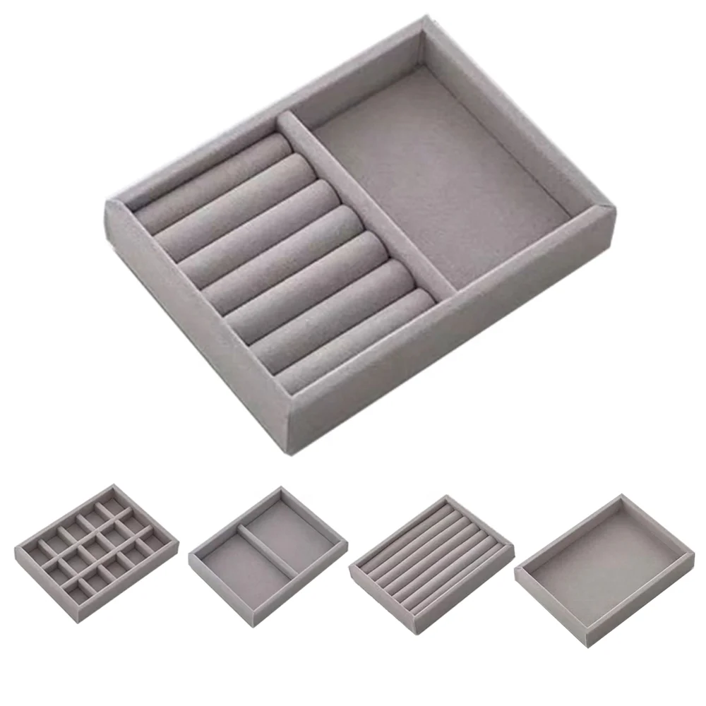 Velvet Gray Jewelry Display Tray Case Hot Sale Stackable Exquisite Jewellery Holder Portable Ring Earring Necklace Organizer Box