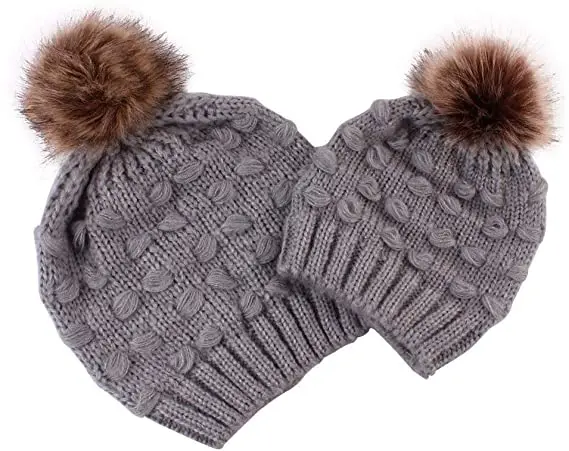 
Thick Knit Matching Hats for Mom Baby Winter Warm Beanies with Pompon 