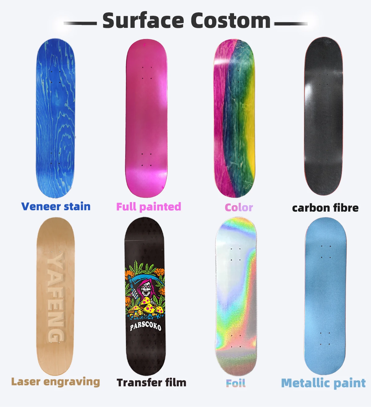 YAFENG Skateboards manufacturer oem 7.75 7 ply 8.25 100% canadian maple wholesale blank custom carbon fiber skateboard deck