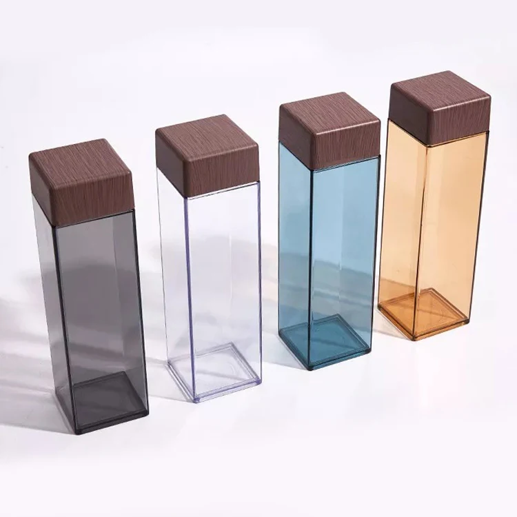 retro transparent square plastic milk cup bottle 500ml wood grain cover vintage square plastic water bottle with wood grain lid
