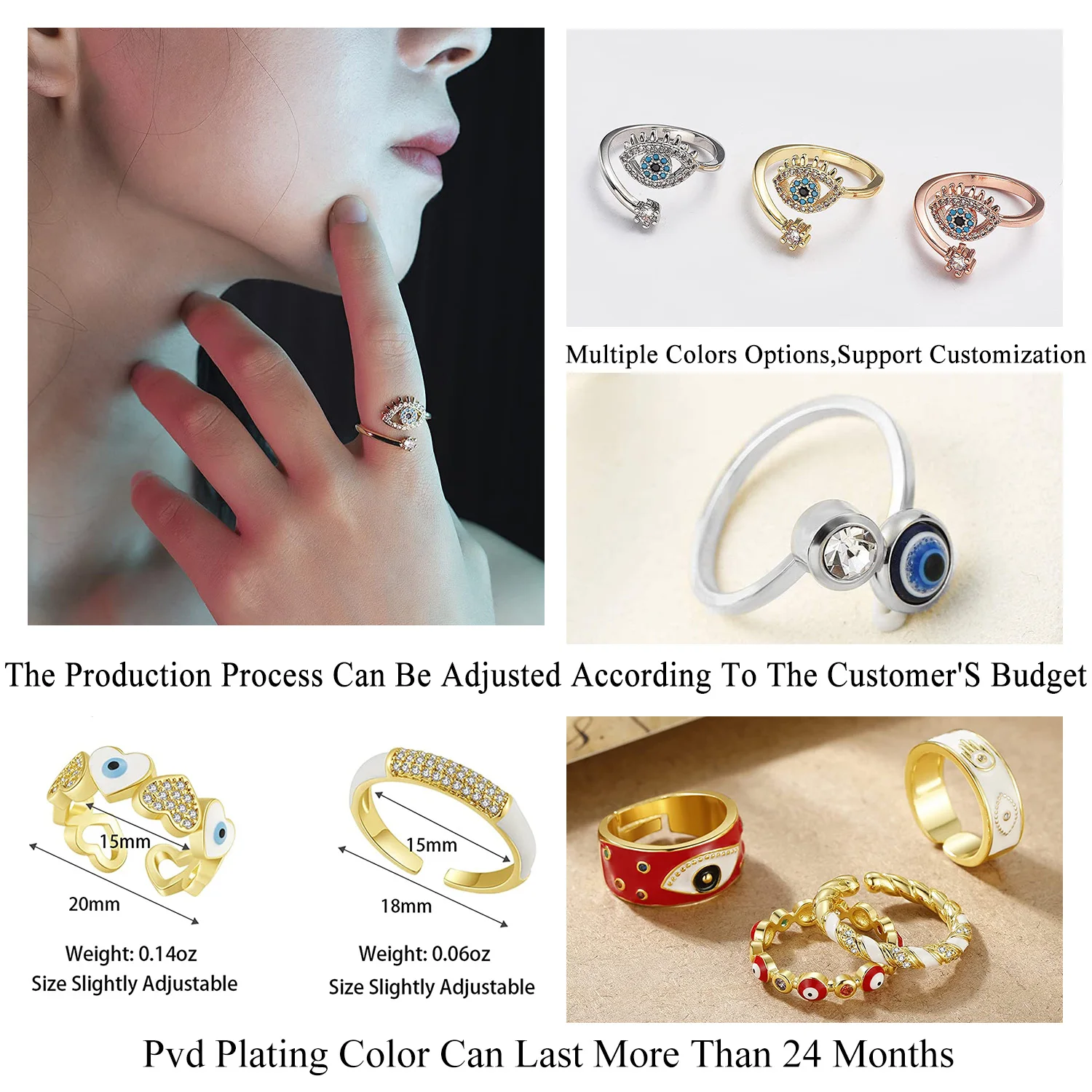 Fashion Transparent Hamsa Stones Dome Neon 18K Gold Plated Adjustable Stainless Steel For Women Diamond Rose Dainty Eye Ring