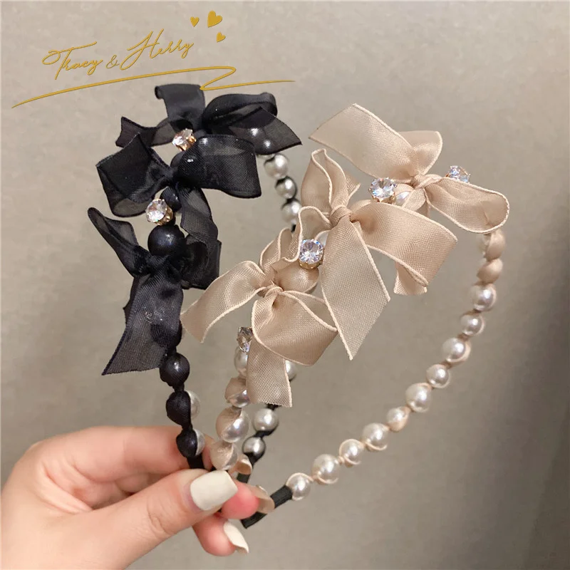 Tracy & Herry Wedding Bride Hair Accessory Fairy Gauze Bowknot Headdress Shiny Women Thin Edge Rhinestone Pearl Headband