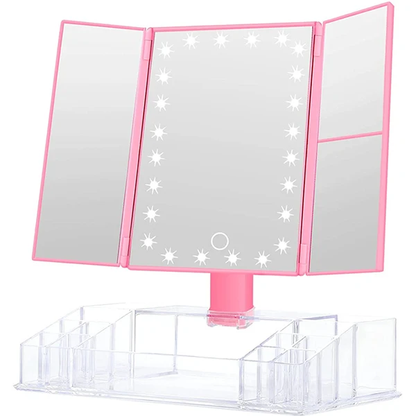 Tri-Fold Cosmetic Vanity Mirror with 22 LED Light and Storage
