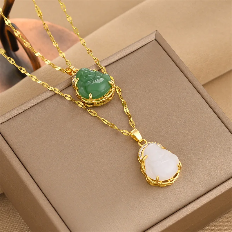 Wholesale Mini Green Jade Buddha Pendant Necklace Non-fading Gold Plated Stainless Steel Maitreya Lucky Necklaces