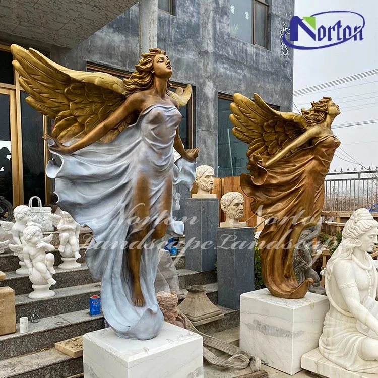 Outdoor Garden Decor Life Size Big Antique Copper Brass beautiful lady Bronze Angel Wings Statue Sculpture For Sale