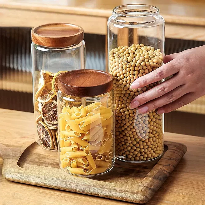 Контейнеры для хранения в кладовой стеклянные банки продуктов с деревянными бамбуковыми