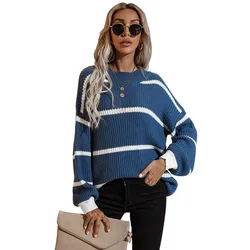 Точечные светильники 2021 зимнее женское платье с круглым вырезом; Свитер в полоску; Свитер, свободный женский модный топ плюс размер свитера