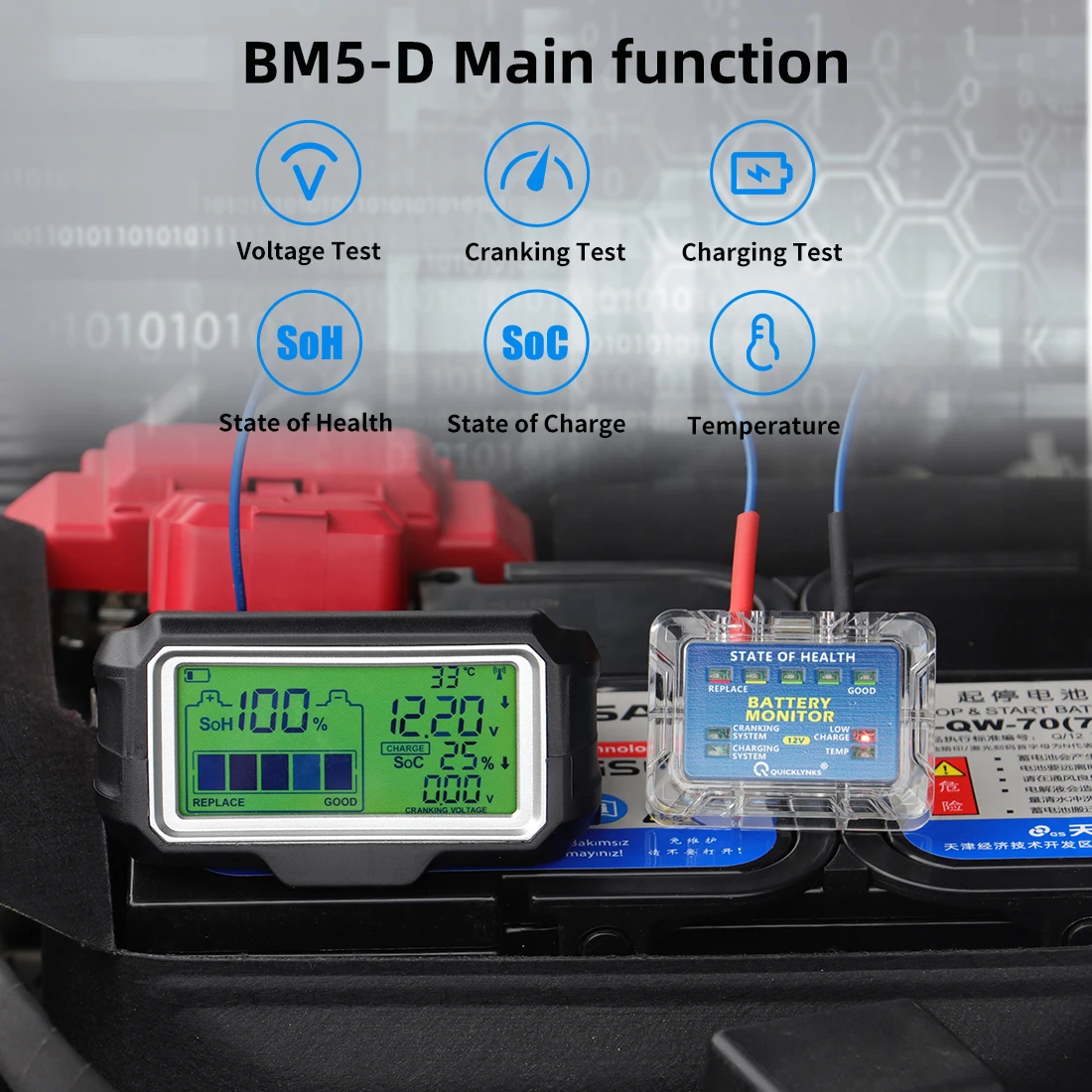 QUICKLYNKS BM5-D 12V LED Battery Tester Monitor Battery Health Tester Analyzer Charging Test Diagnostic Tool