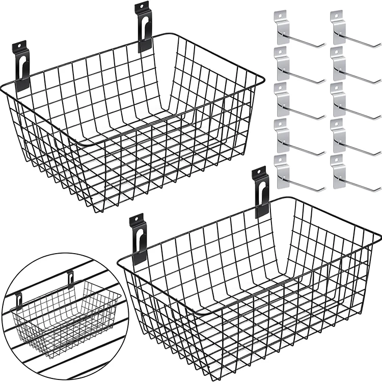 JH-Mech Slatwall Baskets with Slatwall Hooks for Storage Display  2 Pcs Wall Mounted Metal Slatwall Baskets Mesh