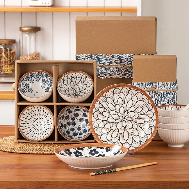 Sample Available Japanese style ceramic bowl and plate gift box with underglaze colored ceramic tableware set