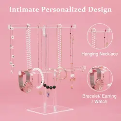 Luxury 2 Tier Round Bracelet Tower Display Stand Clear Jewelry Necklaces Organizer Holder Acrylic T-bar Jewelry Display Set