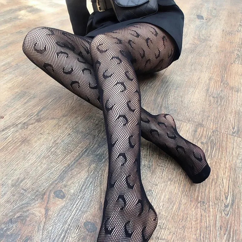 ALLCH RTS Fashion Sexy Women Spring Summer Panty Tights Stockings Pantyhose Knitting Moon Pattern Ladies Fishnet Black White