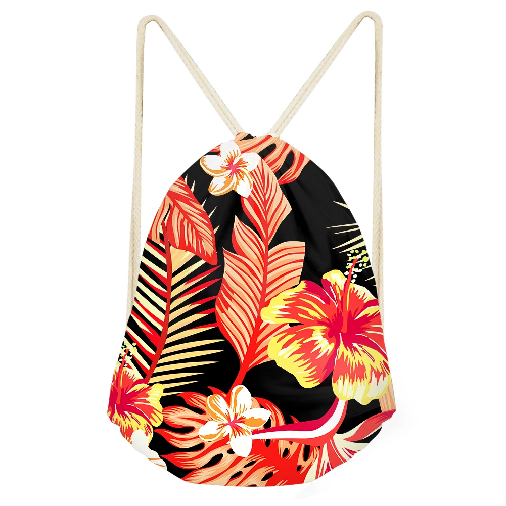 Hot Selling Hawaiian Flower Floral Women Bag Customize Text/Name  Draw String Bag Protable Outdoor Shopping Bags Cheap DropShip