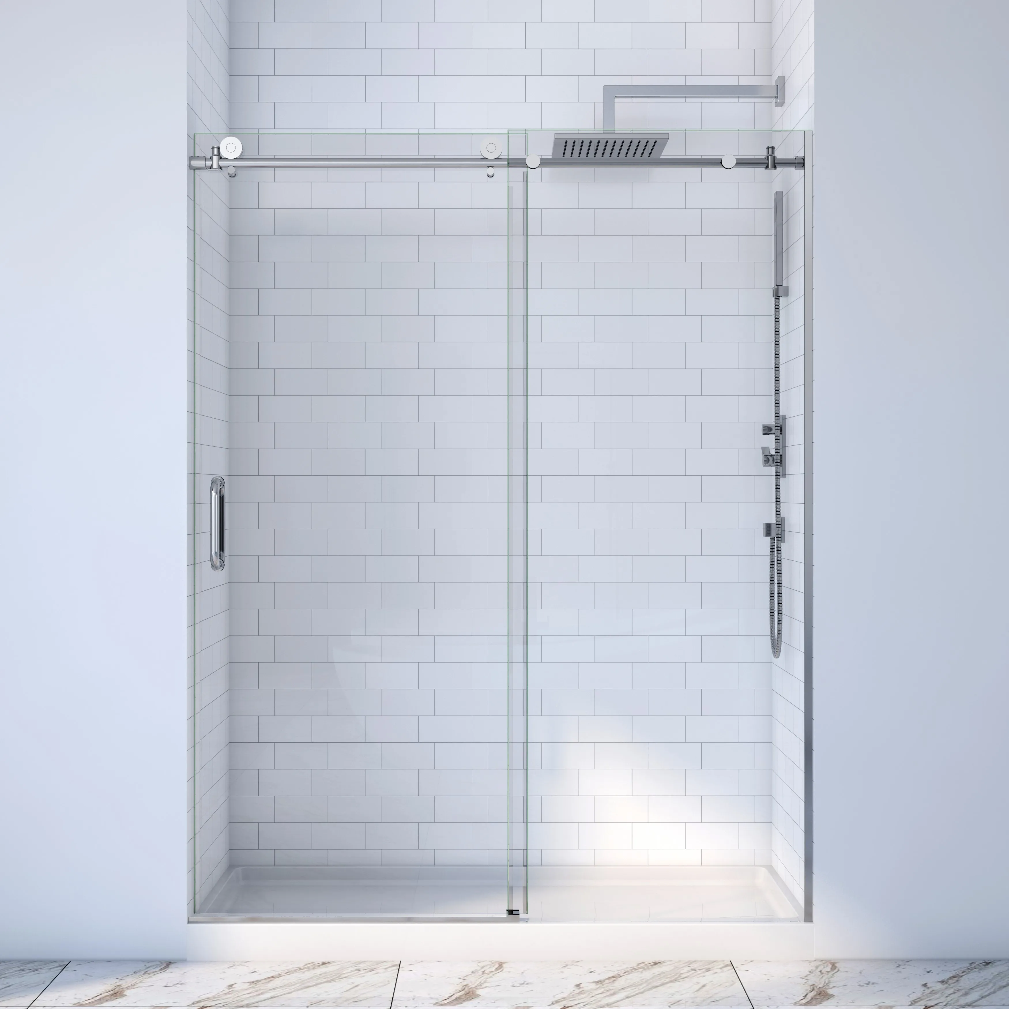 Hotel Moden Style Stainless Steel Tempered Glass Frameless  Aluminum Double Door Bathroom Sliding Shower Door
