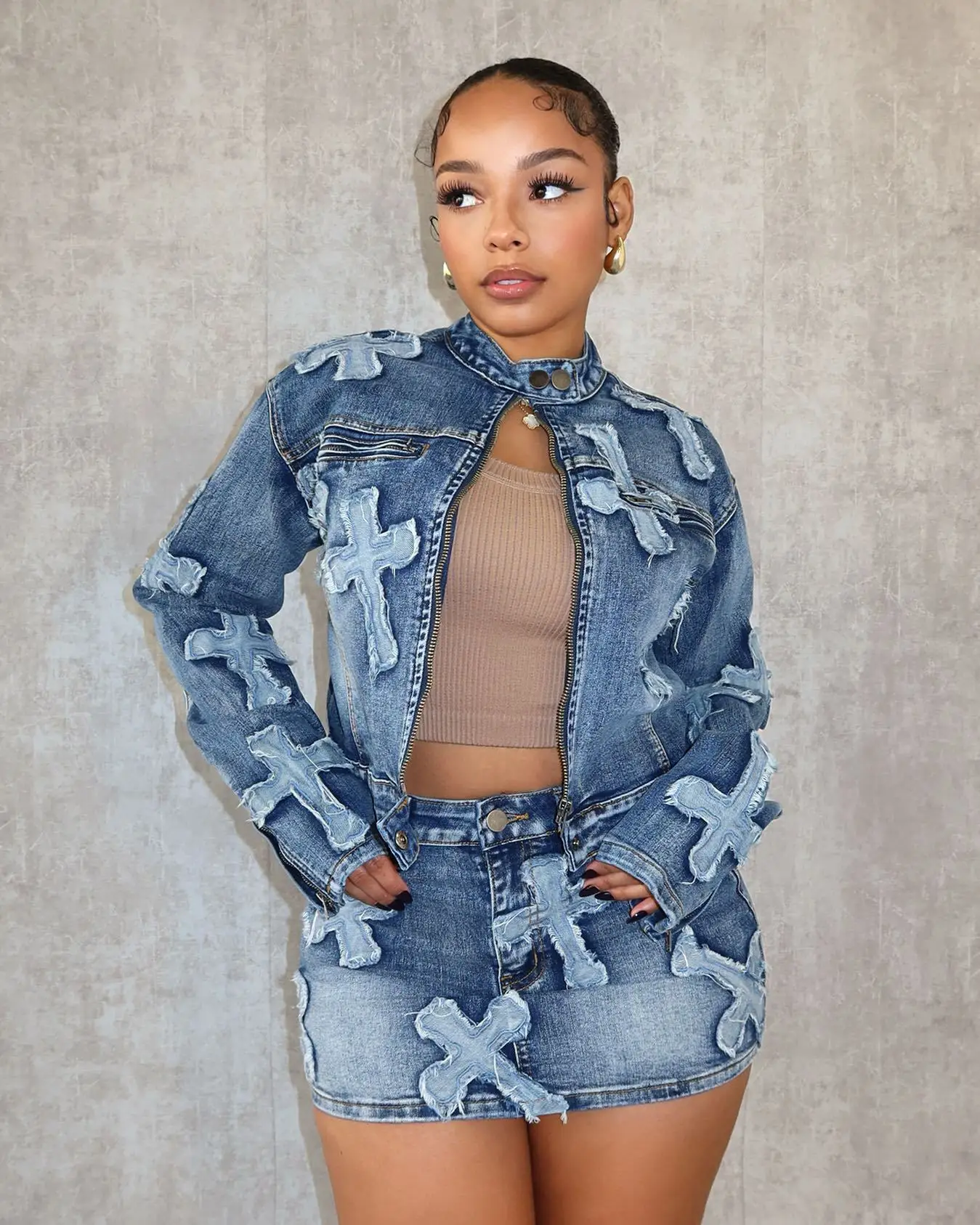 S-2XL Denim Jeans Jacket Skirts Set Two Pieces Denim Cross Skirt Set with Jacket Ready to Ship 2024 Trendy for Women Embroidered