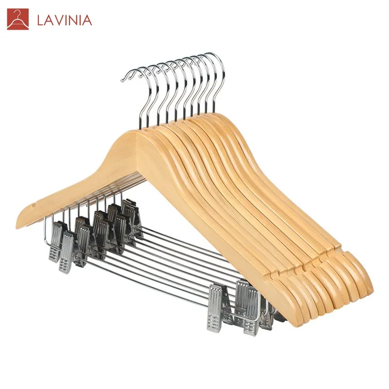 Lavinia Customized Solid Wood Suit Hanger Wooden Coat Hotel Hanger with Metal Clips