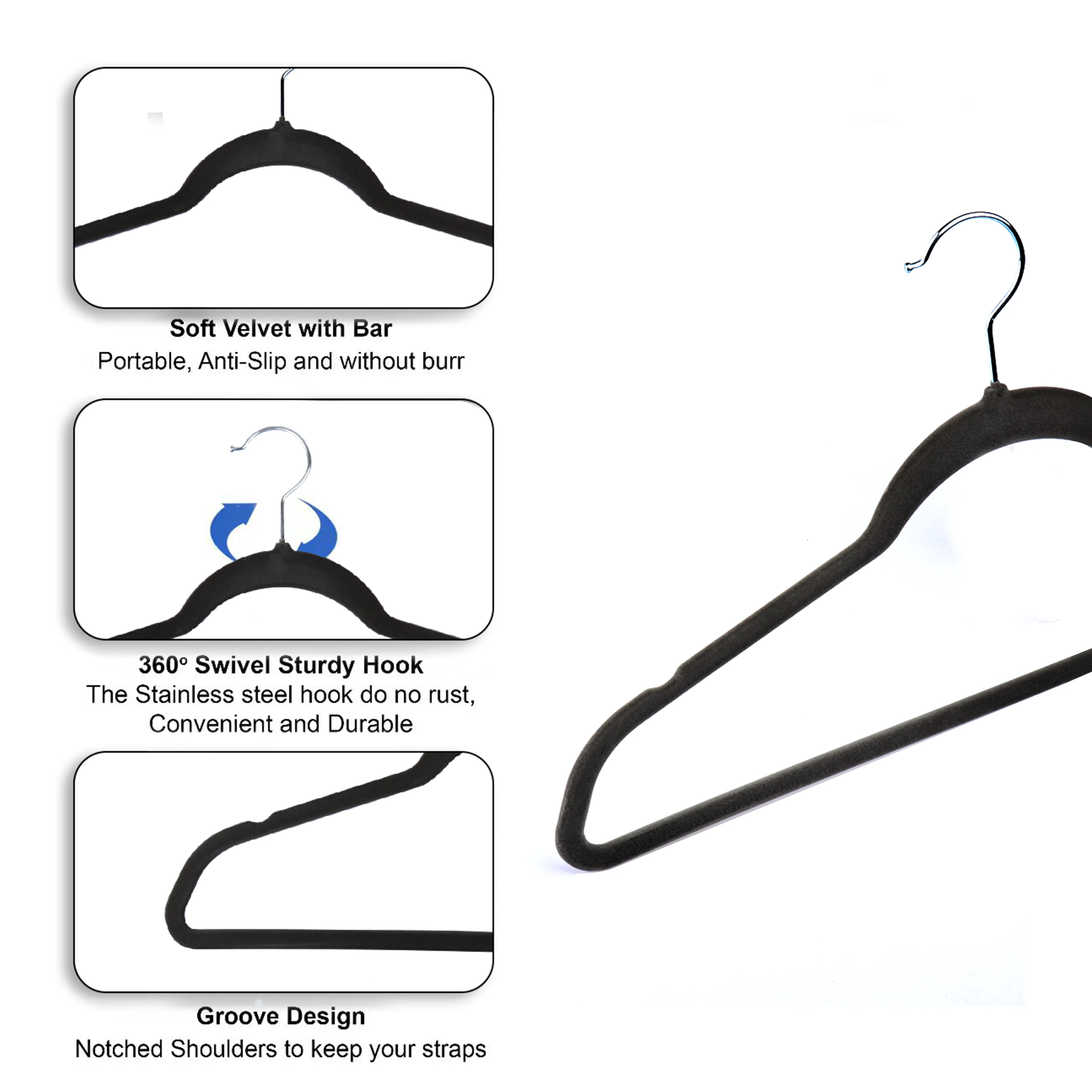 Hot sale 360 degree swivel coat hanger anti-slip hanger clothes short black  velvet hangers