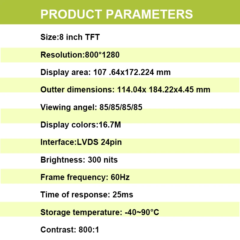Wisecoco Custom Lcd Screen 8 Inch Wide Temperature Lvds 24Pins 300Nits 800*1280 Lcd Tft Display Modules