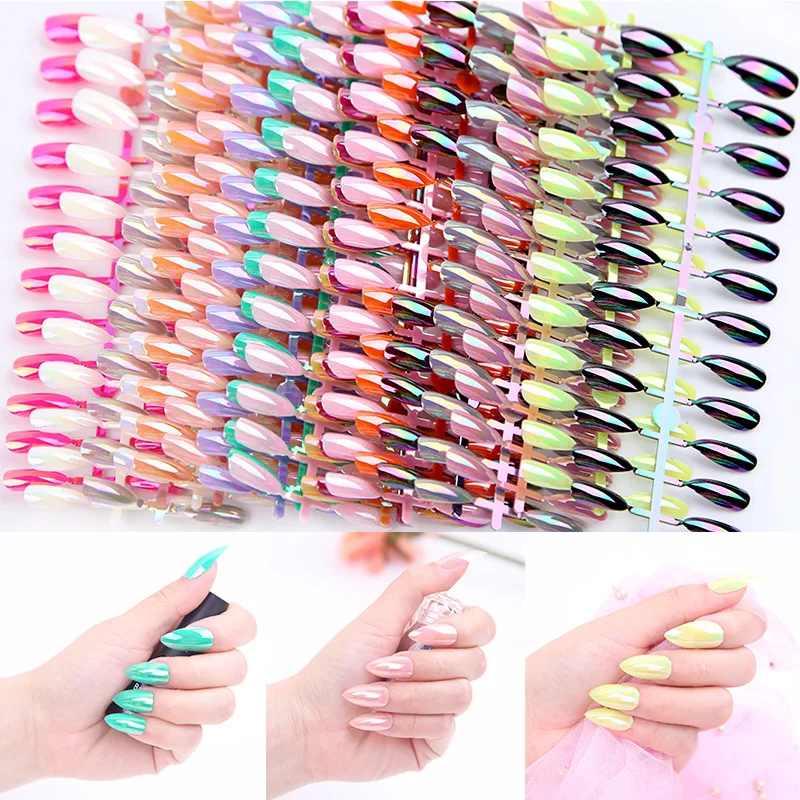 
Manicure 24 Pcs Easy Apply Acrylic Fingernails Artificial Wearing Finished Laser Tips Press On Nails 
