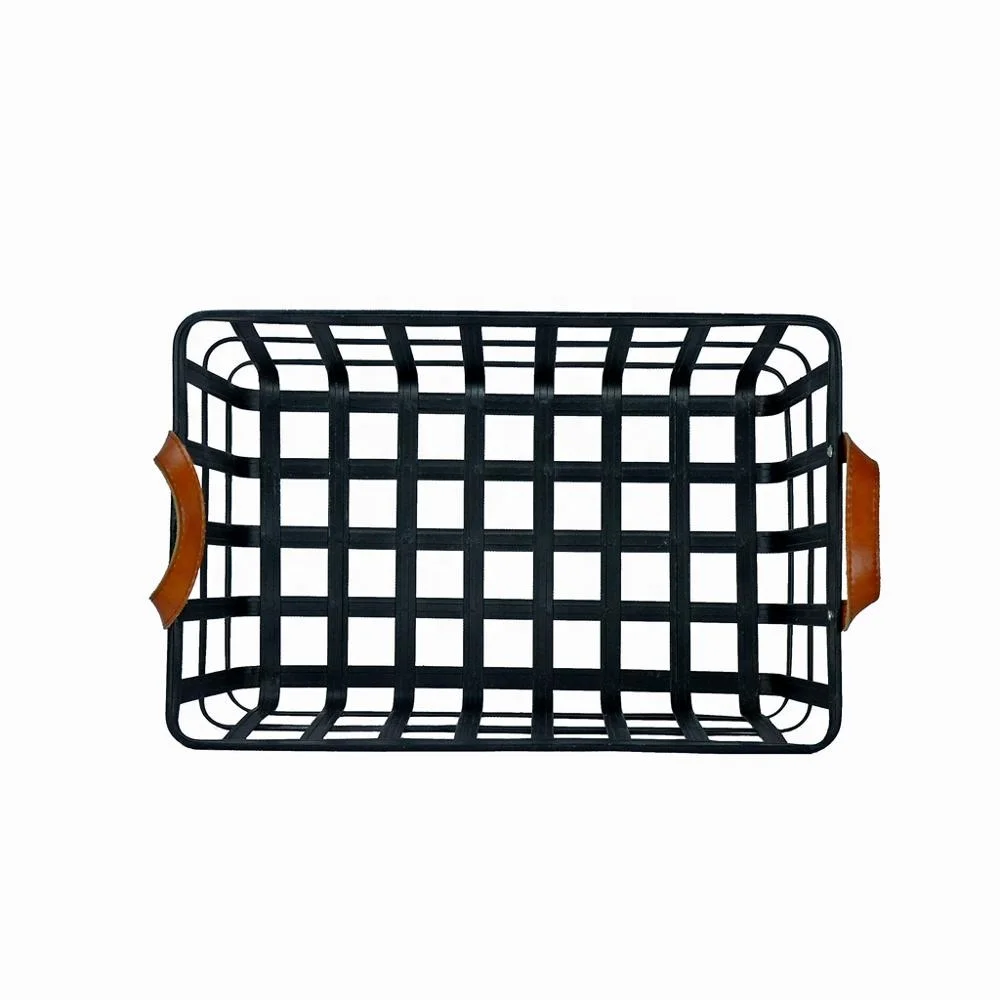 IVYDECO Set of 3 Antique Metal Storage Baskets Vintage with Leather Handles Industrial Handcraft Black Neatening/storage Baskets