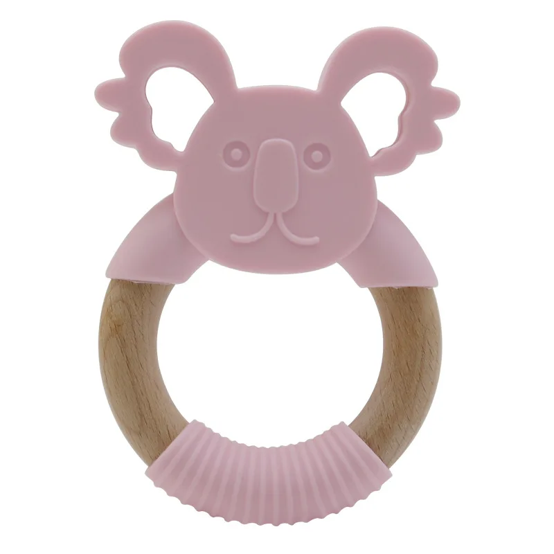 Custom bpa free soothing animal koala baby chew toys wood ring silicone baby teether