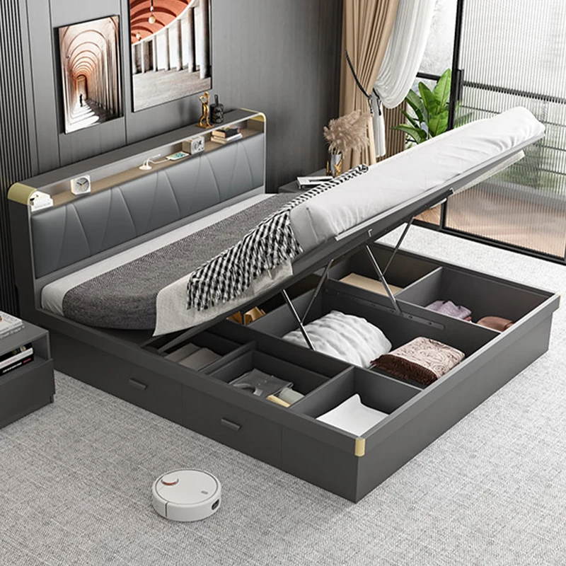 Foshan BedroomFurniture Wooden Bed Frame with Storage Double Queen Bed Frame With Drawers and LED Light