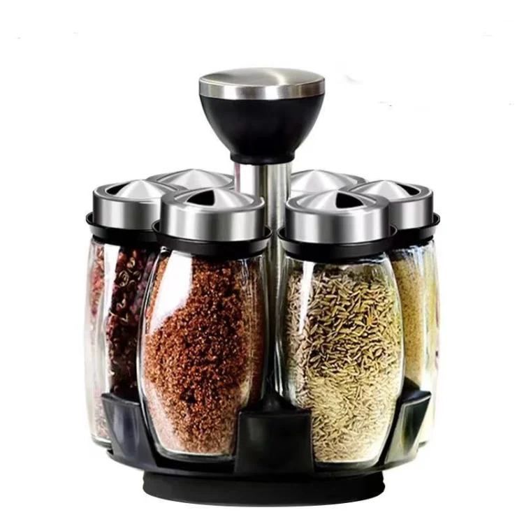 7pcs/set Kitchen Tool Bottle Glass Cruet Condiment Spice Jars Set Rotating Stainless Steel Salt Pepper Shakers Seasoning Jars
