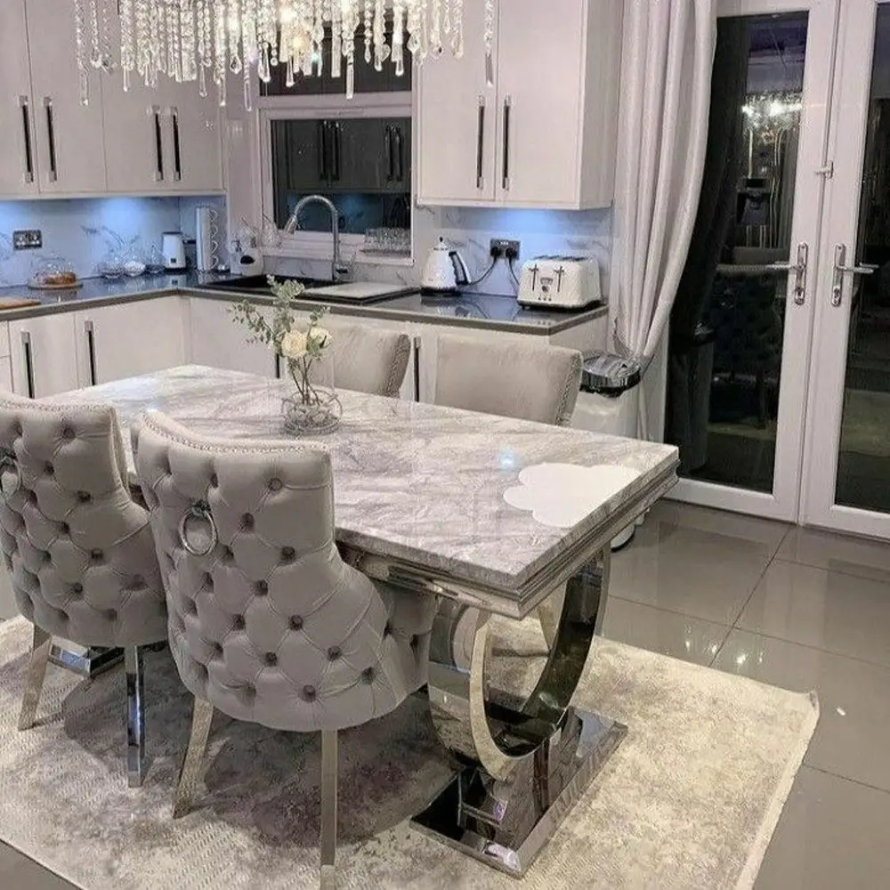 wholesale luxury dinning table set with grey solid marble top and 6 Grey Knocker chairs stainless steel chrome dining table