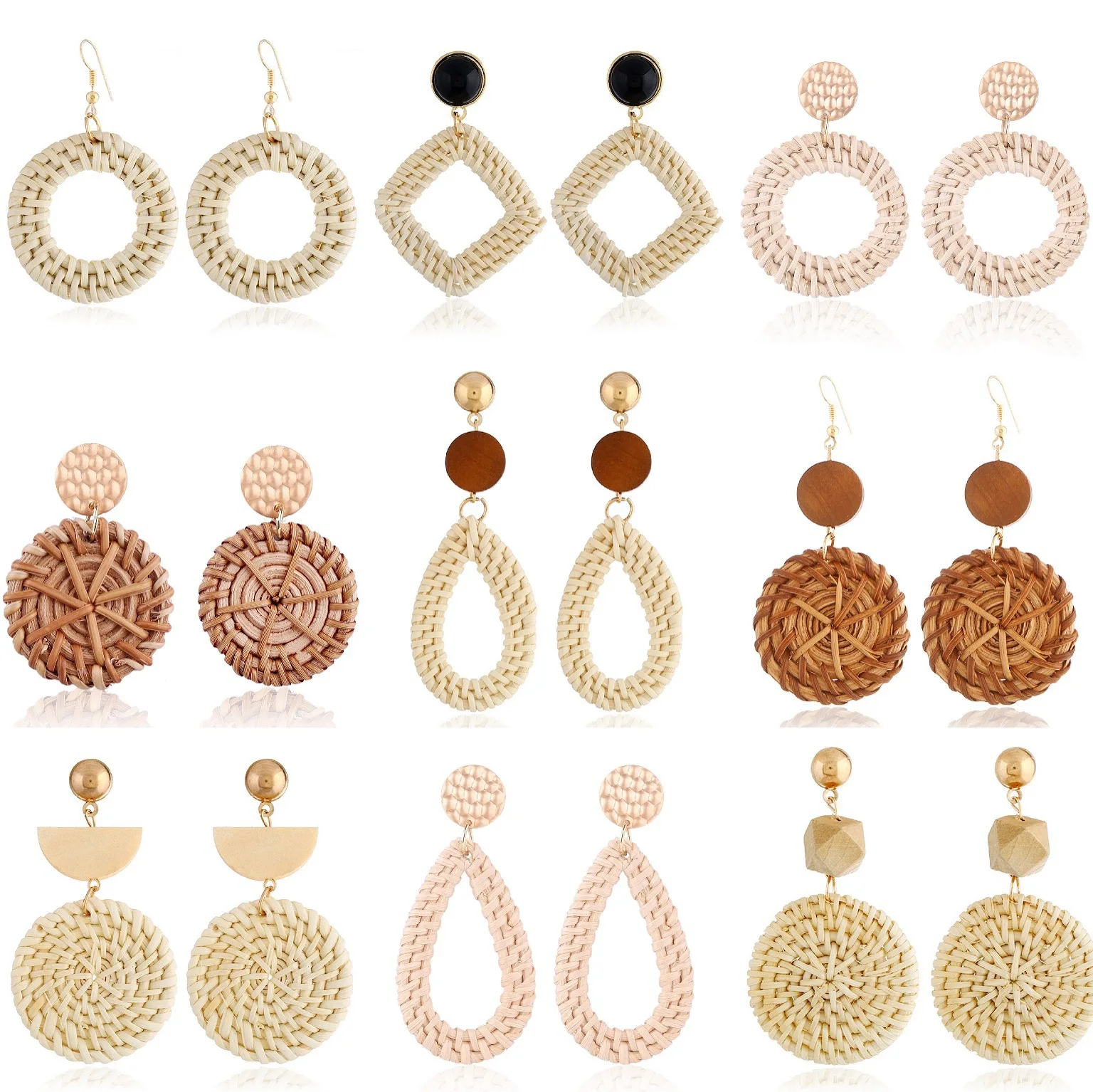 New Retro Bamboo Earrings Handmade Straw Wicker Braid Teardrop Hoop Drop Dangle Earrings Rattan Earrings for Women