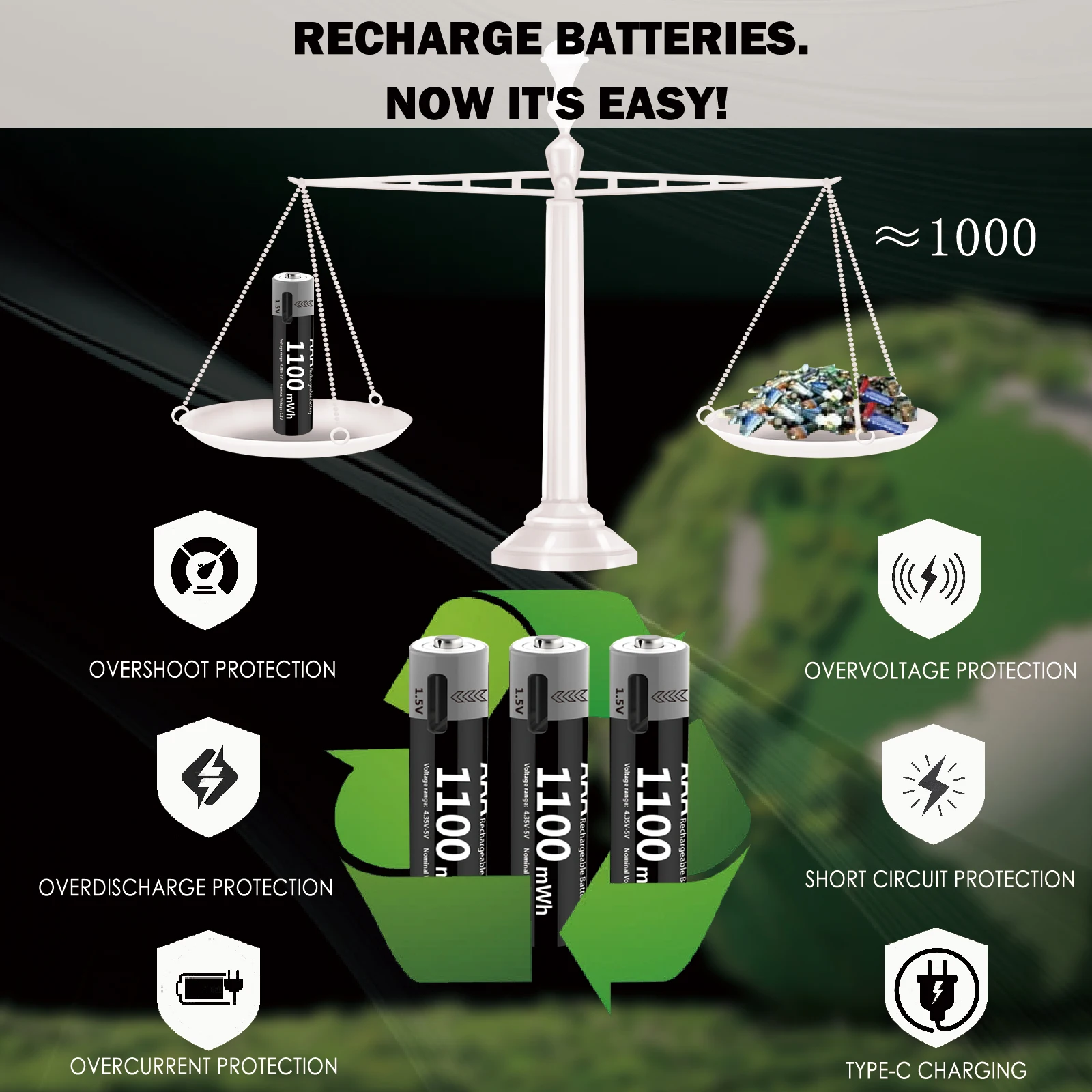 Mobile backup battery for remote control game console AAA 1.5V 1100mWh tpye-c USB rechargeable lithium ion battery