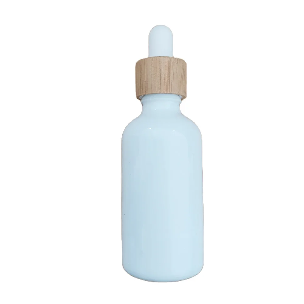 factory custom 10ml 30ml white empty ceramic cylinder Glass dropper bottle with bamboo collar for essential oil Face Serum
